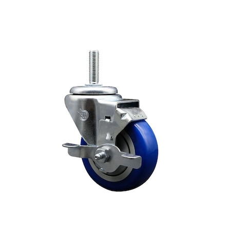 Service Caster 35 Inch Blue Polyurethane Wheel Swivel 58 Inch Threaded Stem Caster with Brake SCC SCC-TS20S3514-PPUB-BLUE-TLB-58212
